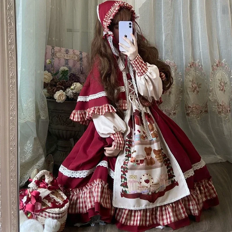 Christmas Lolita Dress Kawaii Women New Year 2024 Sweet Lace Ruffle Patchwork Puff Long Sleeve  Red Princess Plaid