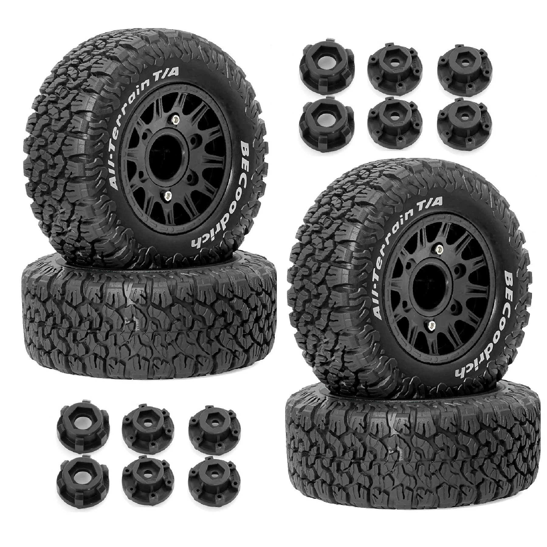 Pneu vert pour camion RC 1/10, montrant le flanc et le moyeu hexagonal.