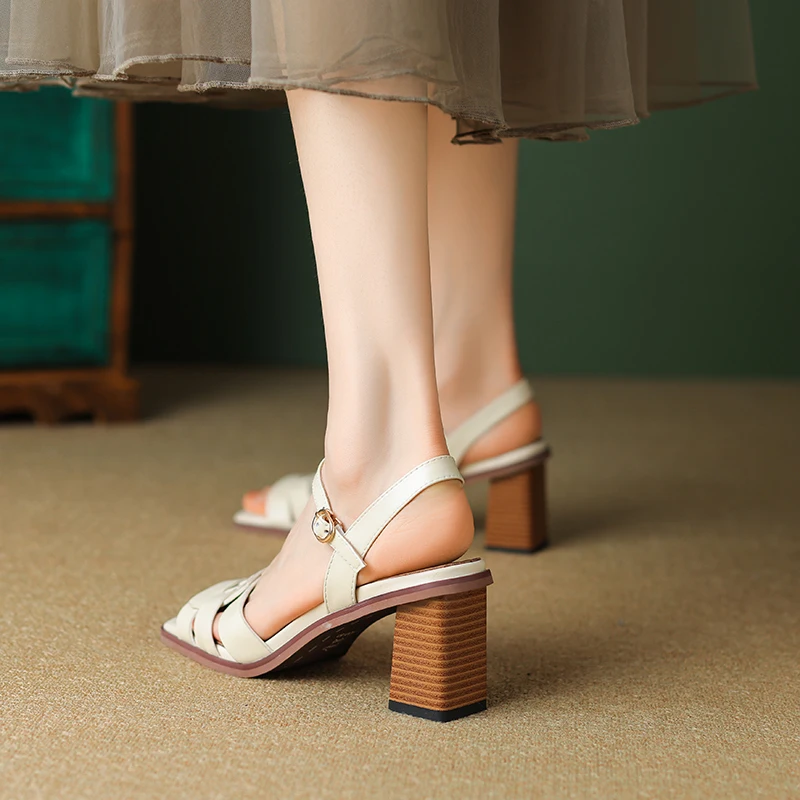 Genuine Leather Women Sandals Open Toe Chunky Heel Women Shoes