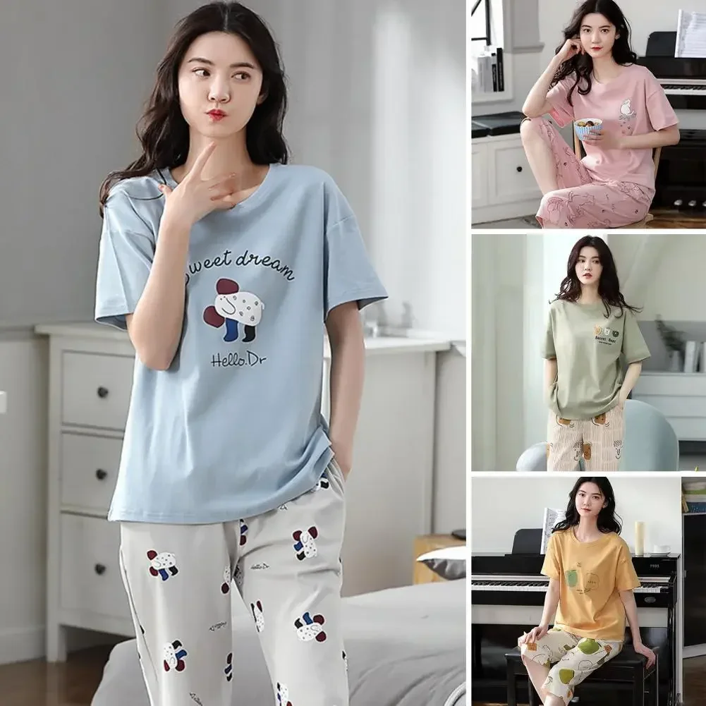 

Waist Sleeves 2pcs/set Summer Pajama Elastic Women Cartoon Pants T-shirt Short Cropped Lounge Sleepwear Neck Trousers Print