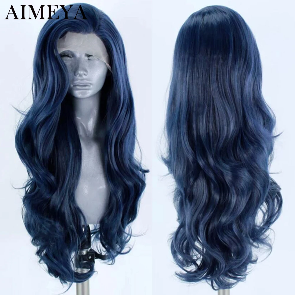 AIMEYA Body Wave Synthetic Lace Front Wig Dark Blue Wigs for Women Heat Resistant Fiber Cosplay Wig Synthetic Lace Wig Baby Hair дезодорант mon platin blue wave 80 мл