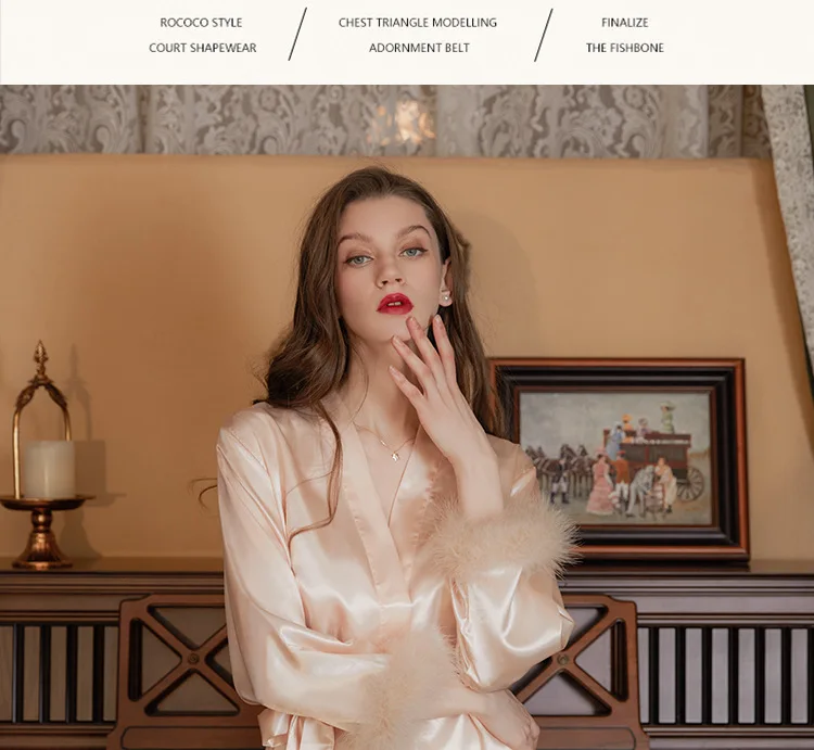 Ladies' feather decorated morning robe, sleeping robe, fashionable and sexy home clothes, bathrobe, Valentine's Day gift