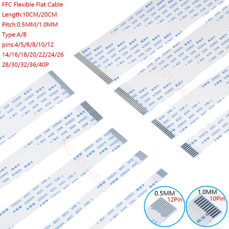 60/100MM/200MM FFC Flexible Flat Cable flexible flat cable Pitch 0.5MM 1.0MM Type A/B 8P 10P 12P 16P 20P 40P FPC 6/8/10/12/14/16/20/30/40 pin 10PCS