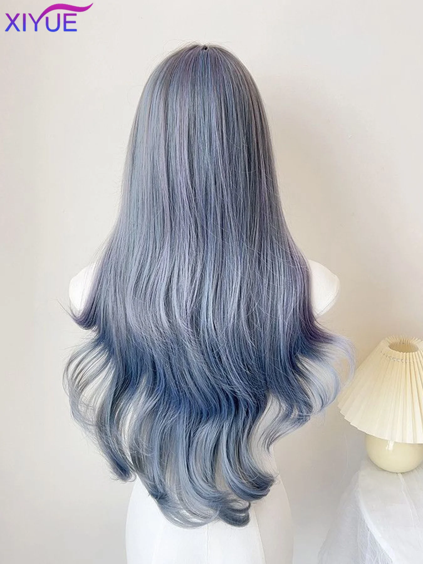 XIYUE Blue Gradient Black Color Synthetic Wigs With Bang Long Natural Straight Hair Wig For Women Cosplay Heat Resistant