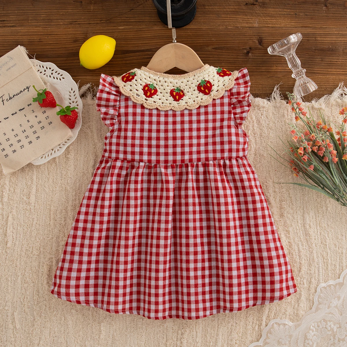 Baby Girl Dress Summer Red Checkered Cotton Girl Dress Cute Strawberry Lapel Girl Beach Dress 2