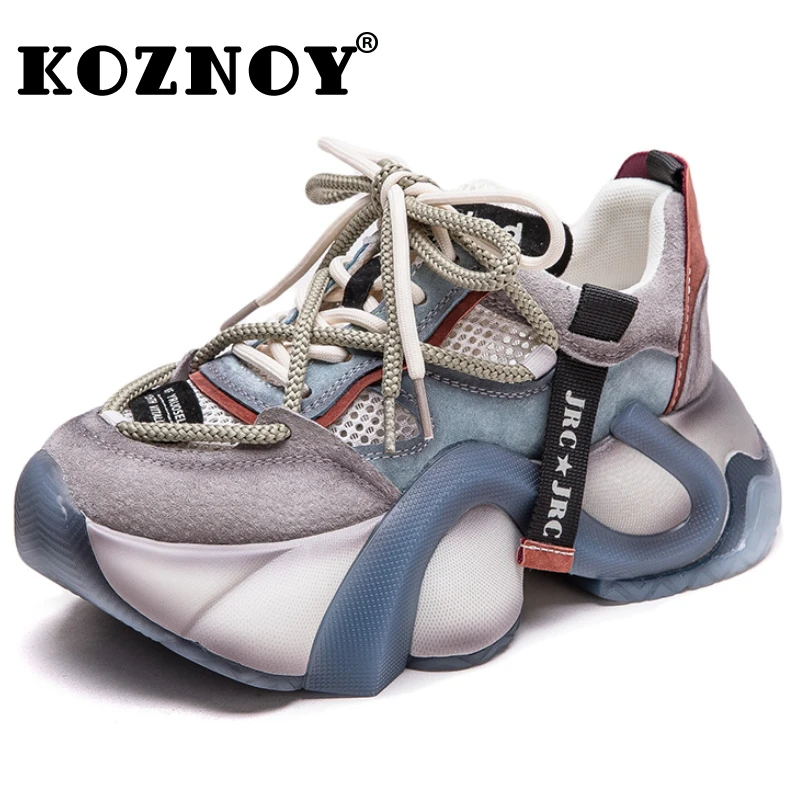 

Koznoy 5cm Air Mesh Leather Pigskin Women Ankle Boots Flats Booties Mixed Color Fashion Summer Chunky Sneaker Comfy Spring Shoes