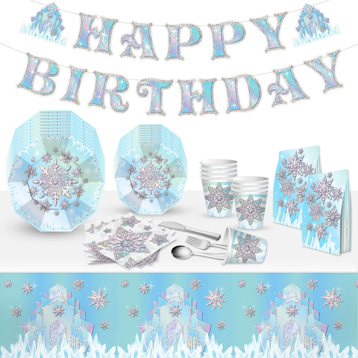 Schneeflocken-Thema Geburtstagsparty Pappteller Becher Banner Frozen Schneekönigin Cartoon Hochzeitsparty Dekorationen Zubehör