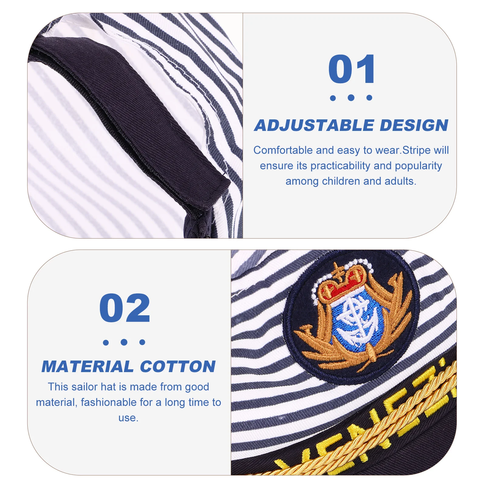 1Pc Blue Stripe Captain Hat Navy Cap Adult Ship Hat Sailor Costume Headwear For Adults Adjustable Premium Material Lightweight