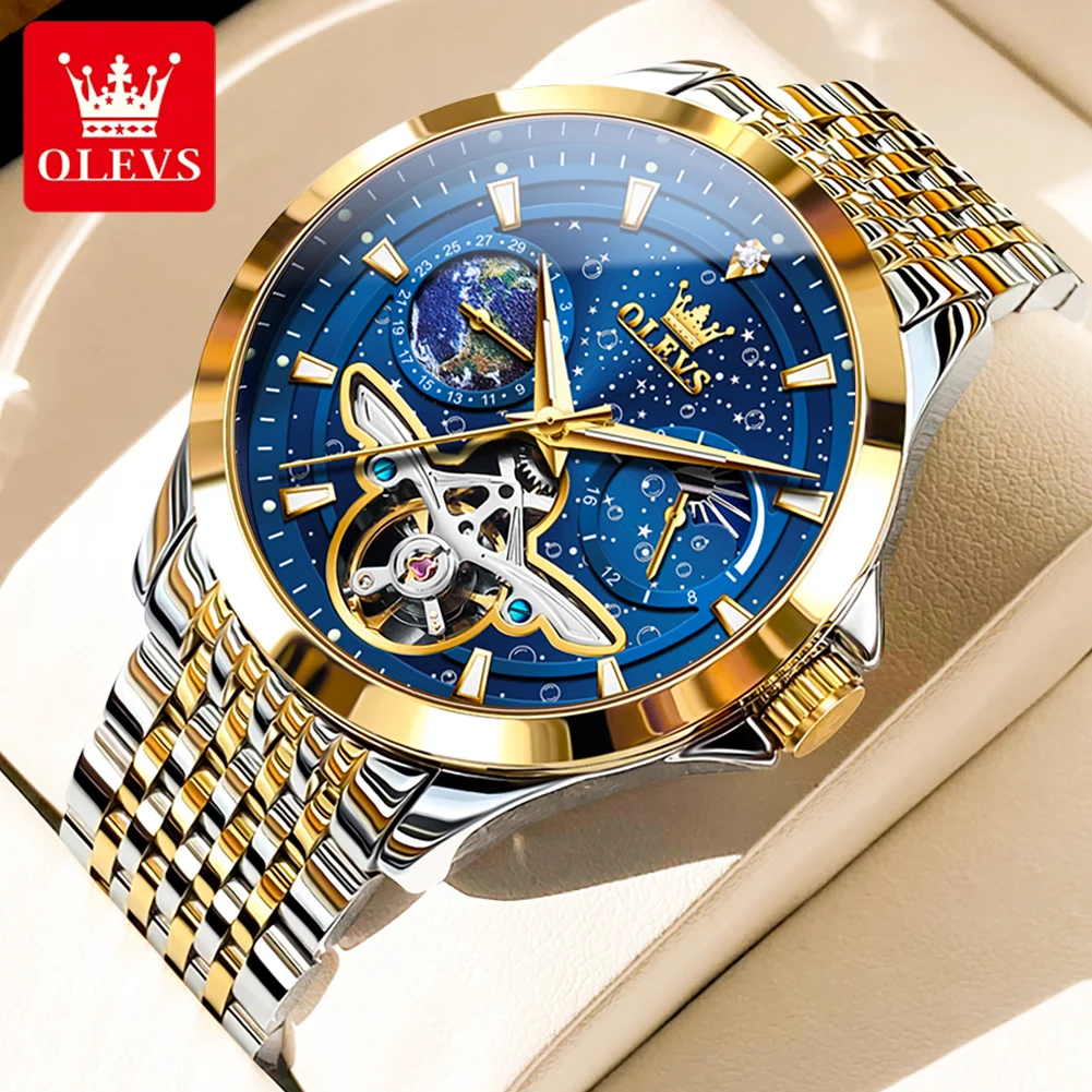 OLEVS Hollow Out Flywheel Automatic Mechanical Watches for Men Stainless Steel Waterproof Calendar Moon Phase Starry Man Watch