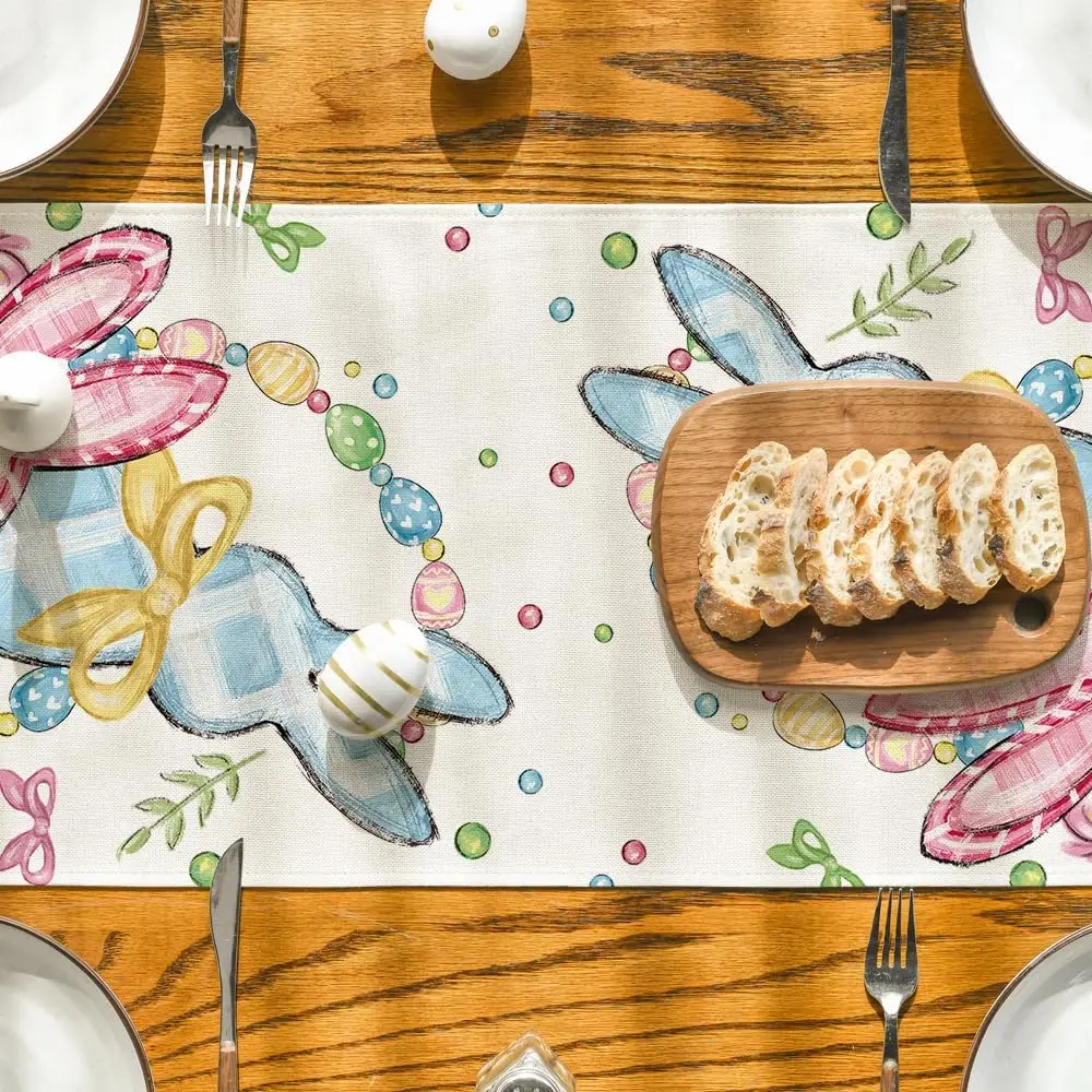 Easter Bunny Floral Bow Rabbits Eggs Linen Table Runner Party Decor Spring Farmhouse Kitchen Table Runner Easter Decorations 4