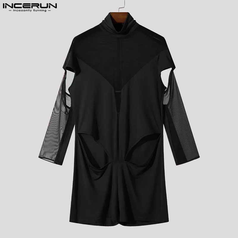 Men Bodysuits INCERUN Men Casual Hollow Design Simple Bodysuits Well Fitting Comfortable Homewear Long Sleeved Solid Living Clothes