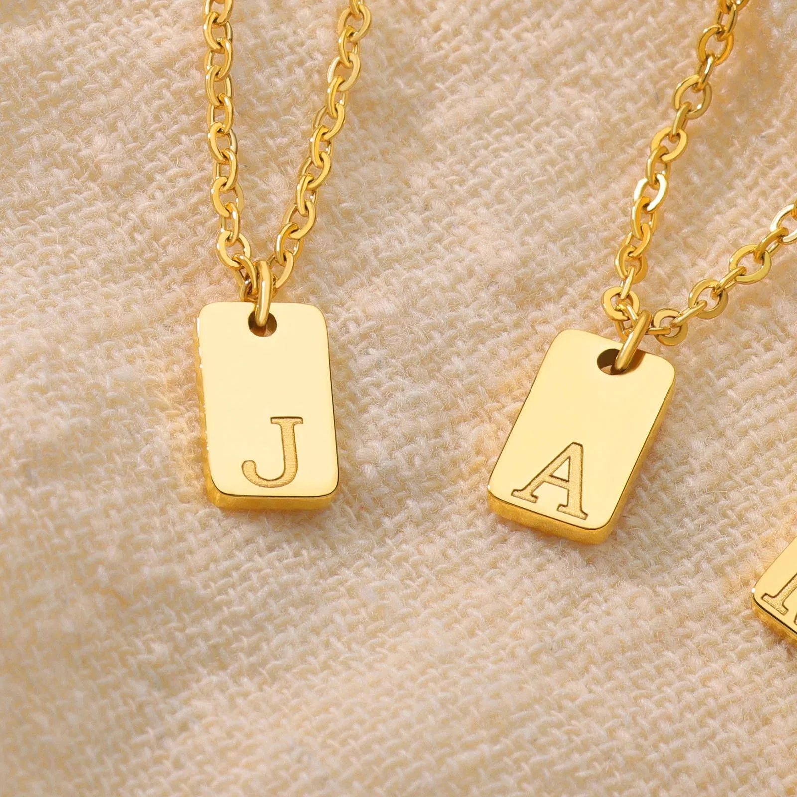 Initial Letter Necklace Women, Square A to Z Alphabet Pendant, Clavicle Link Chain Stainless Steel Name Personalized Jewelry