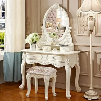 European Dressers Vanity Table Set with Mirror White Makeup Desk with Drawers & Stool Small Wood Dressing Table for Bedroom