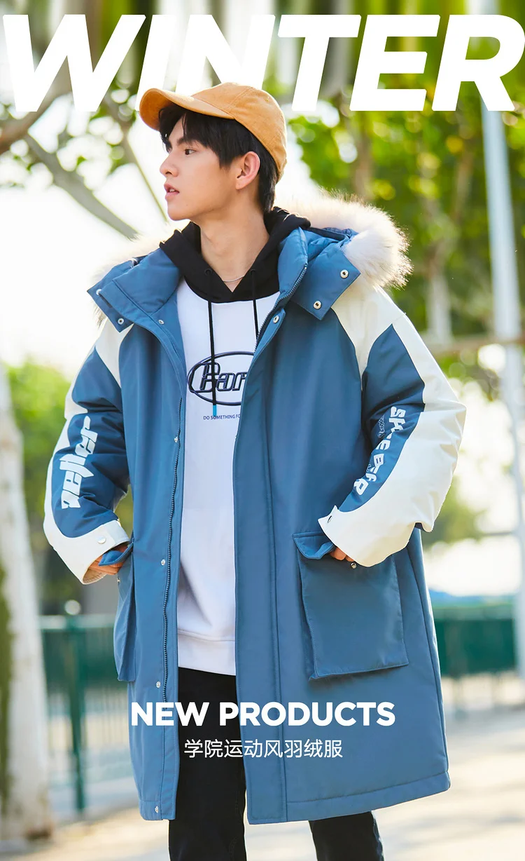 Metersbonwe Contrast Sleeve And Color Blockin Down Jacket For Men Loose Long 80% Gray Duck Down Jacket Hooded Warm Winter Coat