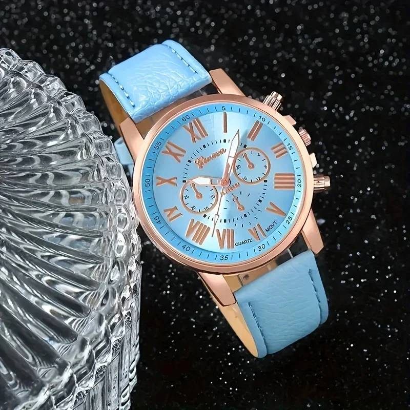 5PCS Fashion Women's Quartz Watch Leather Band Analog Wrist Watches Heart Rhinestone Jewelry Set(Without Box)
