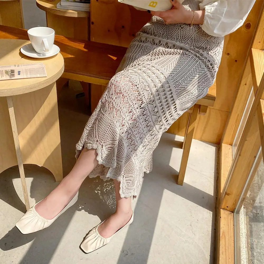 

2022 Summer Elegant High-Waisted Loose Hollow Knitted Half-Length Skirt Women Spring Temperament Elastic Slim Crochet Skirts
