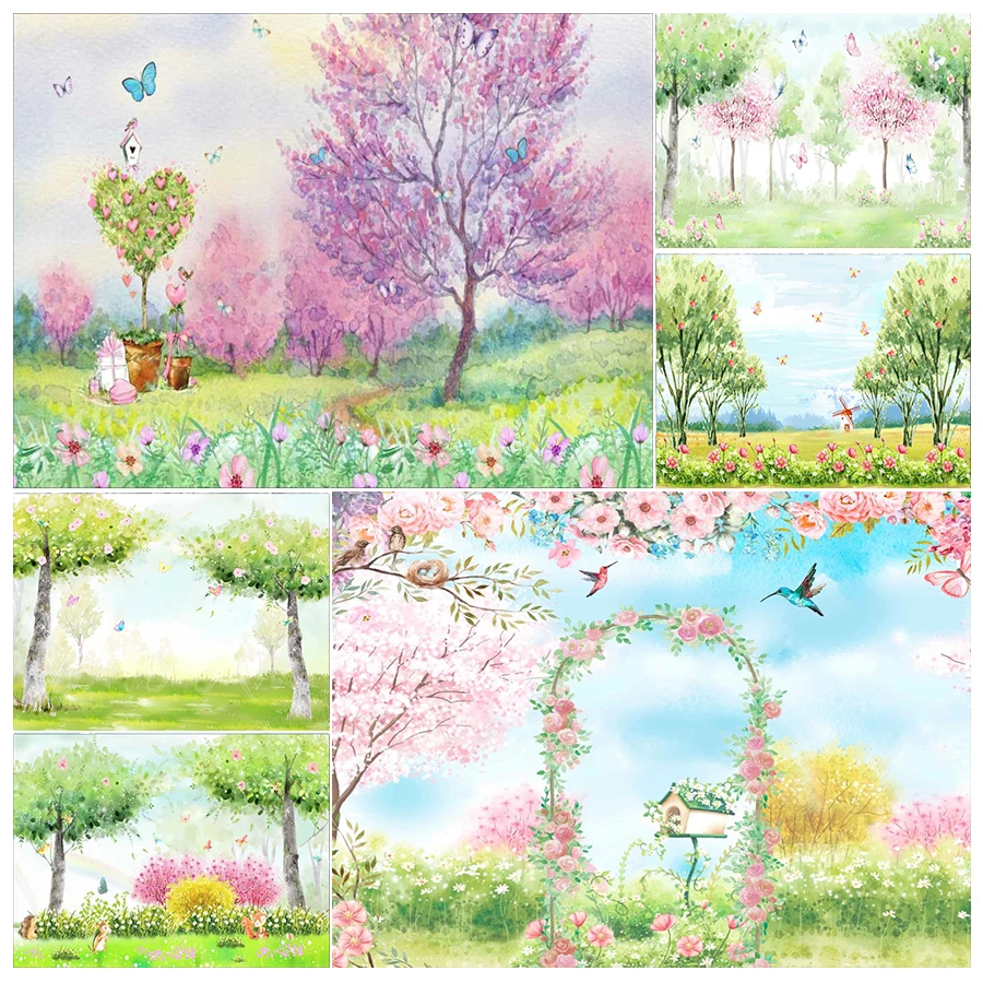 

Spring Pink Watercolor Floral Birds Butterfly Backdrop Girl Princess Birthday Portrait Customized Photography Background