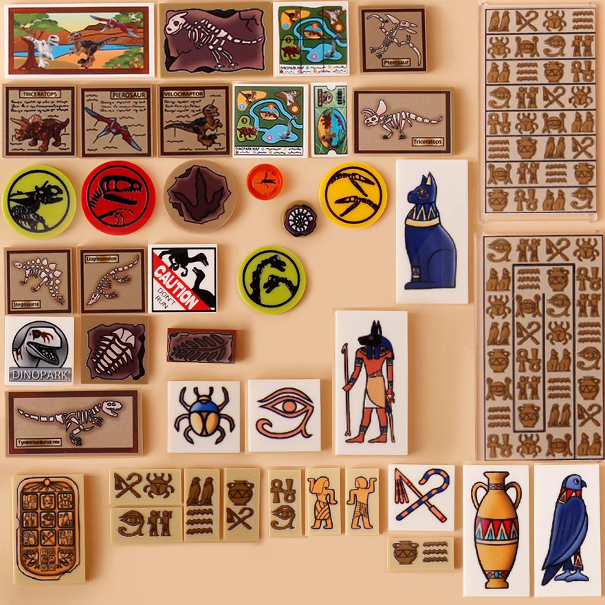 Moc Jurassic Dinosaur Printed Tiles Egitto Murale Egiziano Stone Pot Relief Building Blocks Park Ticks Mattoni Assemblare Giocattoli