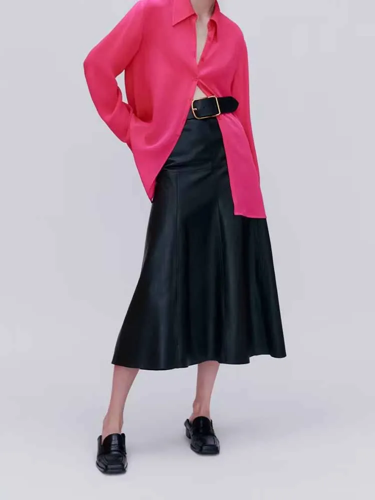 

Women 2023 New Chic Fashion Soft leather texture Slim Midi Skirt Vintage High Waist Back Zipper Female Skirts Mujer