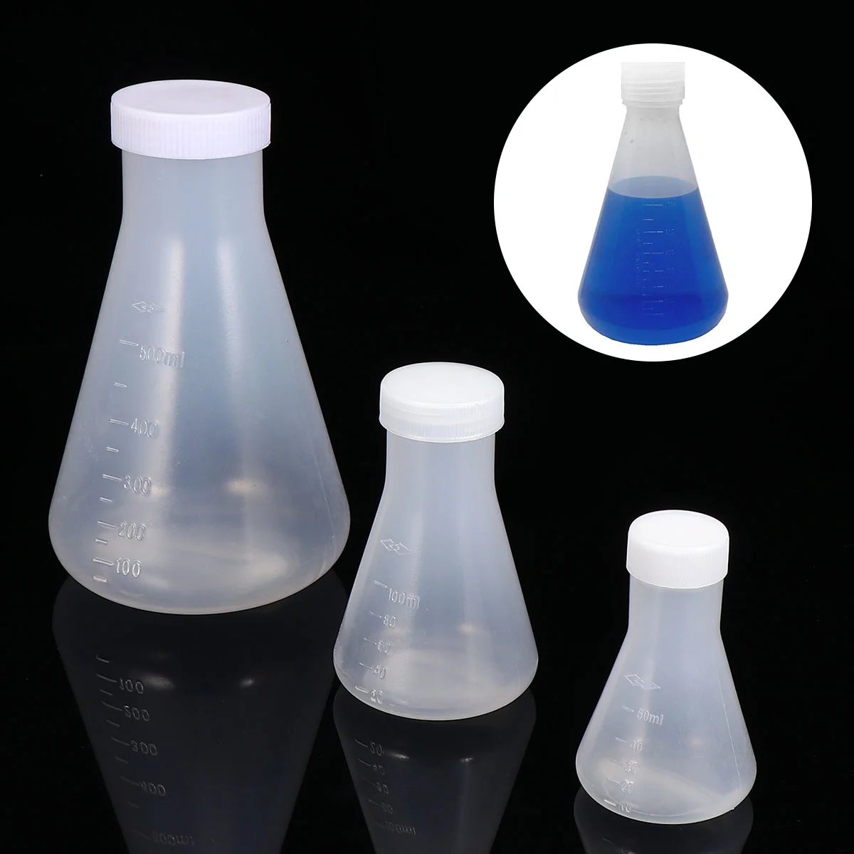 

3Pcs Plastic Flask Conical Flask with Screw for Laboratory Students Experiment Chemistry White (50ml+100ml+500ml)