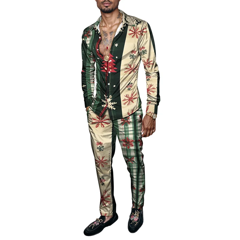 2025 Fashionable Spring Summer Men Shirt Set Christmas Print Fashion Gingerbread Man Two Piece Set Mens Snowman Lightweight_voghion.com