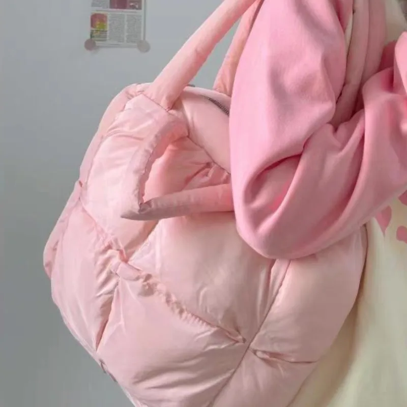 JIAERDI Sweet Cute Pink Tote Bag Women Puffed Checkerboard Soft Shoulder Bags Ladies Square Large Capacity Pillow Underarm Bag