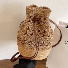 

Fashion Straw Bucket Bags for Women Handmade Woven Drawstring Straw Beach Handbags Retro Mini Female Shoulder Crossbody Bag New