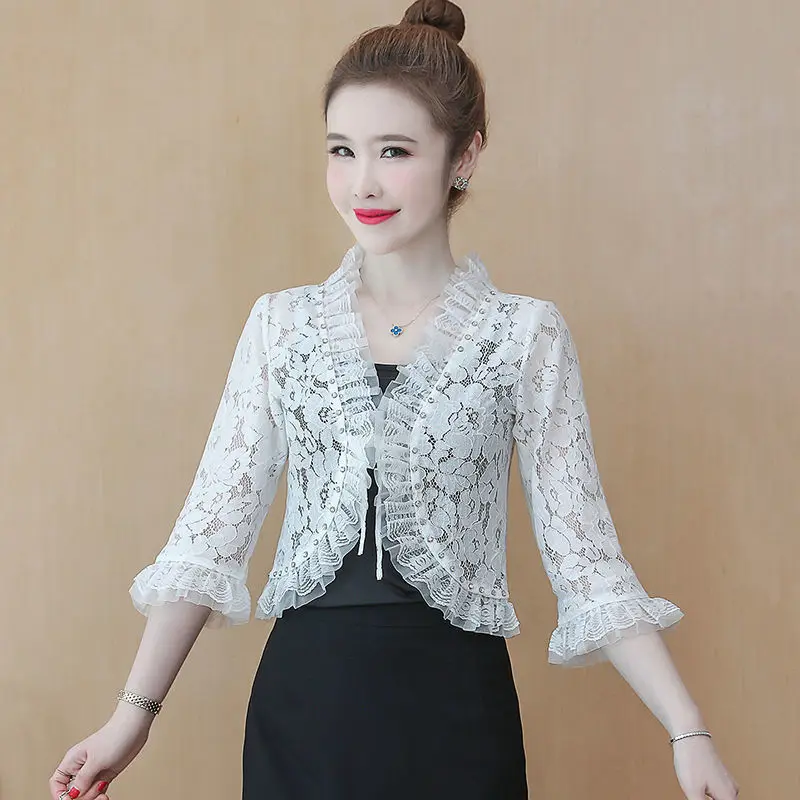 2024 Women's 3/4 Sleeve Lace Cardigan  4XL Summer Women Short Slim Tops Sun Protection Thin Shawl Coat Female E65