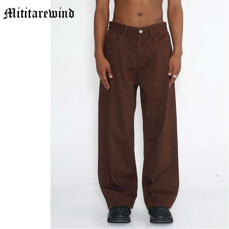 

Summer Loose Baggy Casual Pants Men's Solid Fashion Retro Vintage Jeans Coffee Color High Street Wide Leg Youth Trousers Hip Hop