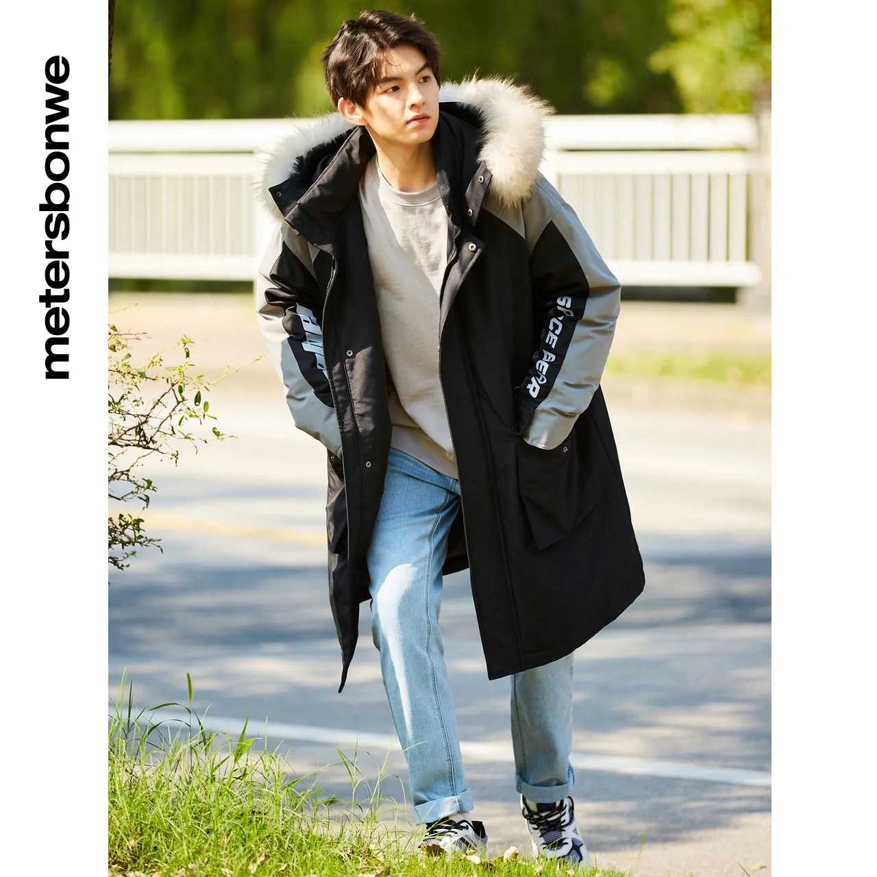 Metersbonwe Contrast Sleeve And Color Blockin Down Jacket For Men Loose Long 80% Gray Duck Down Jacket Hooded Warm Winter Coat