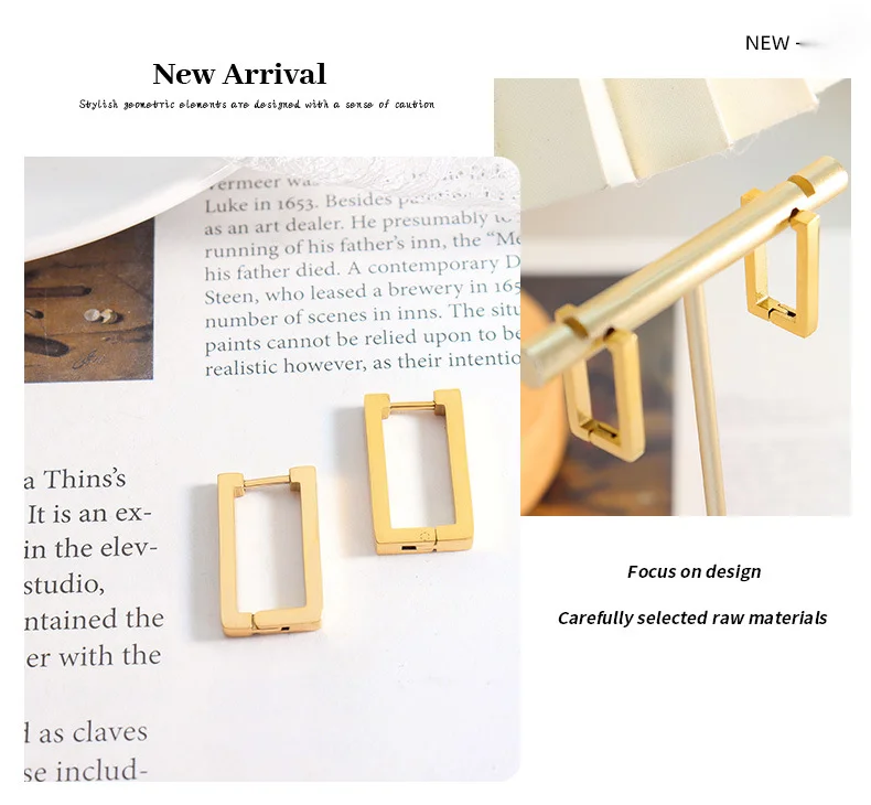 Geometric Rectangular Hoop Earrings In Gold Plated Titanium Steel_voghion.com