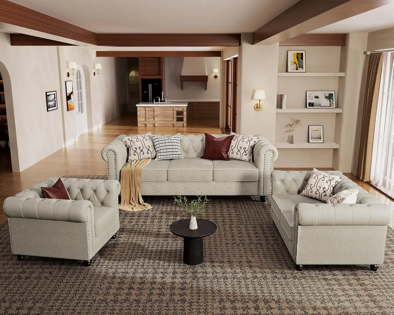 Couch Sets for Living Room 24'' Deep Seat Sofas Living Room Furniture Sets Pet Friendly Linen Chesterfield Chair Loveseat Sofa
