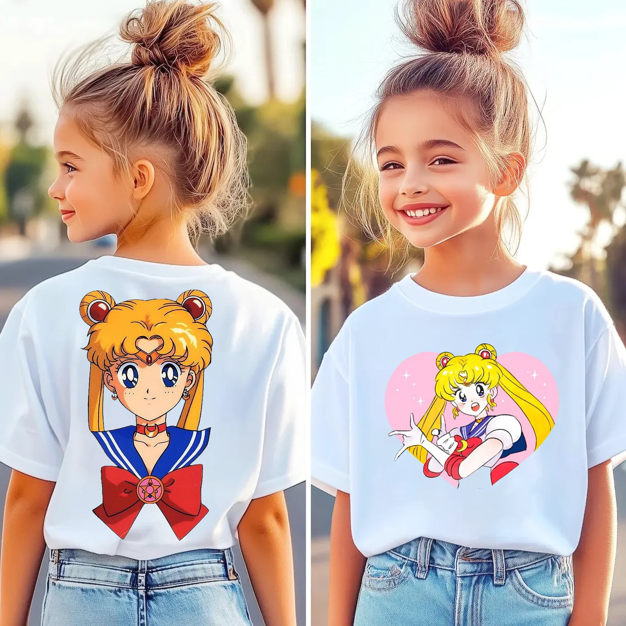 Children's Summer Sailor Moon Cartoon Print Loose Fit T-Shirt