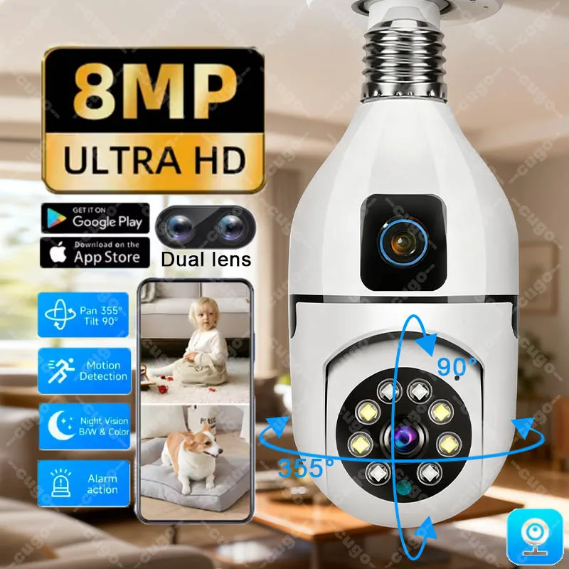 8MP WiFi IP Camera E27 Bulb Dual Lens Wireless Cam Baby Monitor Two-way Audio AI Human Tracking Smart Home Surveillance Camera 1
