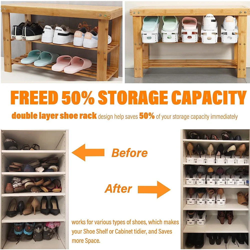 6-14Pcs Shoe Slots Organizer, Adjustable Shoe Support Rack, Double Layer Stack Shoe Holder, Shoe Stacker for Closet Organization 6