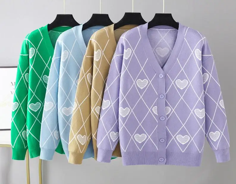 Loose V Neck Diamond Pattern Cardigan
