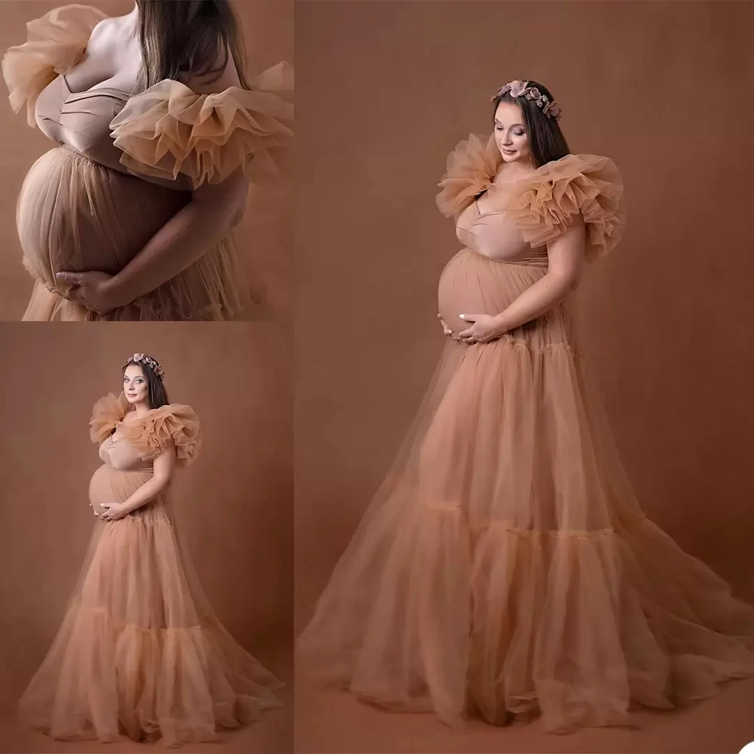 

Champagne Ruffles Maternity Dress for Photoshoot V Neck Prom Dress Pregnancy Plus Size Babyshower Floor Length Bathrobe Gowns