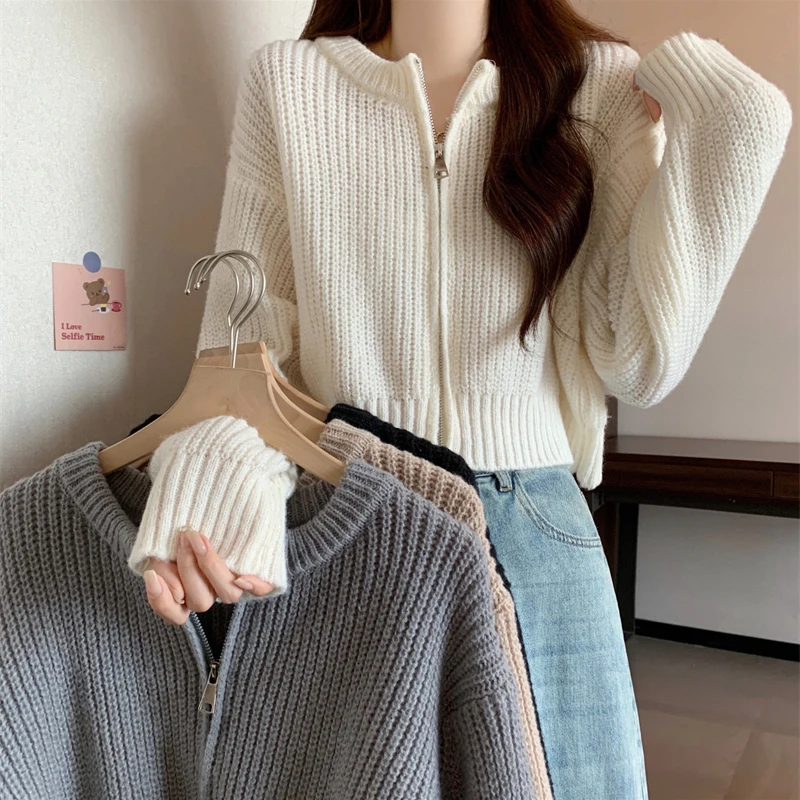 Women's Sweater Zipper O-Neck Long Sleeve Top Knit Cardigan Short Coat Casual Solid Knitwear Korean Winter All-match Basic Top