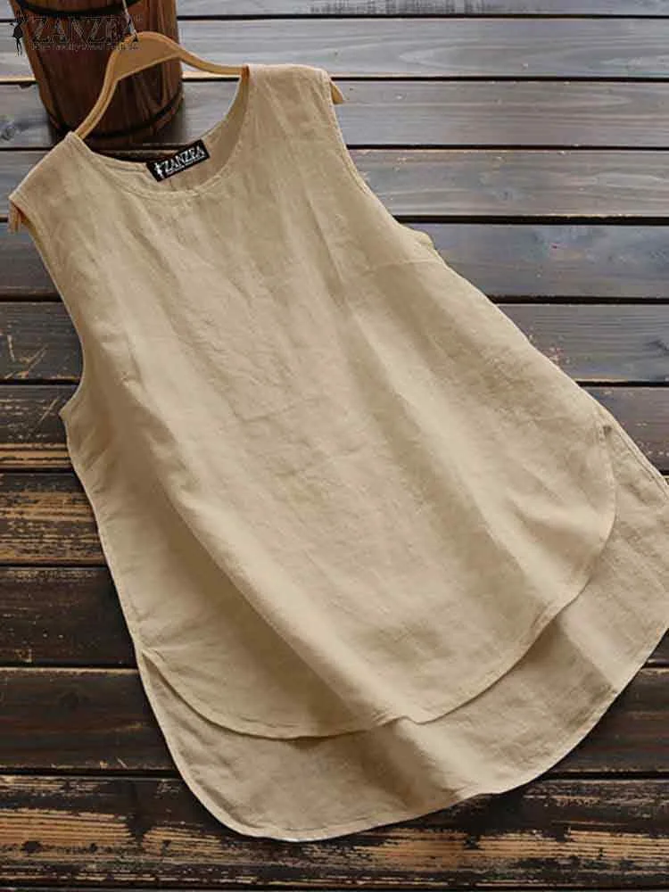 

Vintage Solid O Neck Sleeveless Loose Cotton Tanks Tops ZANZEA Summer Blouse Women Casual Solid Beach Blusas Holiday Shirt 2024