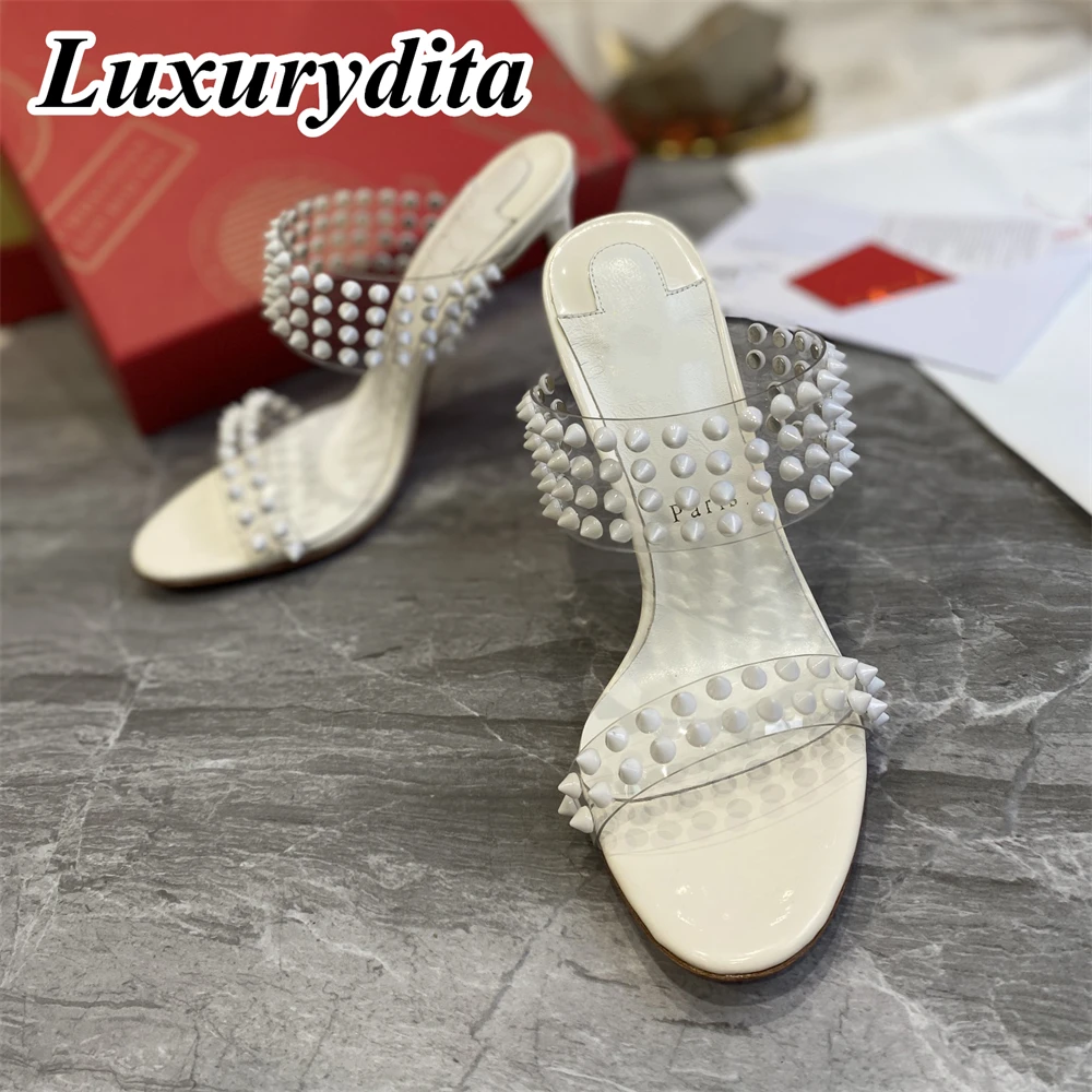 

Top Quality Women rivet Sandal Luxury High Heels Designer Can Customize Red Heel Me Dolly Socialite Dinner Mules shoes H149