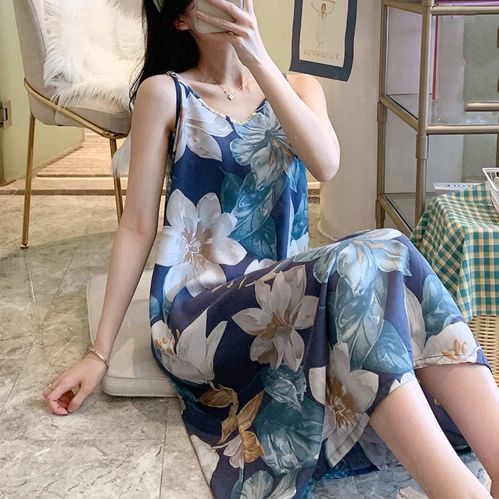 

Летняя Ночная рубашка на бретельках, хлопковая шелковая Женская одежда для сна, тонкая Ночная рубашка без рукавов с принтом, новая одежда для сна, ночная рубашка, одежда для отдыха