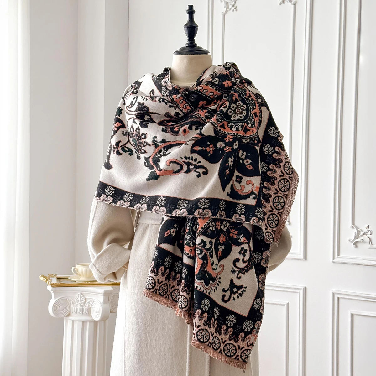 Brand Fashion Winter Cashmere Shawl for Women - Tasseled Flower Printed Pashmina Scarf, Thick Warm Wrap & Poncho