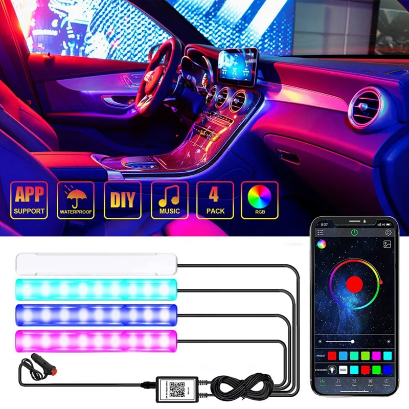 Car LED Lights Interior Smart With App Control, RGB Car Lights With Music And DIY Mode, 2 Lines Design Charger