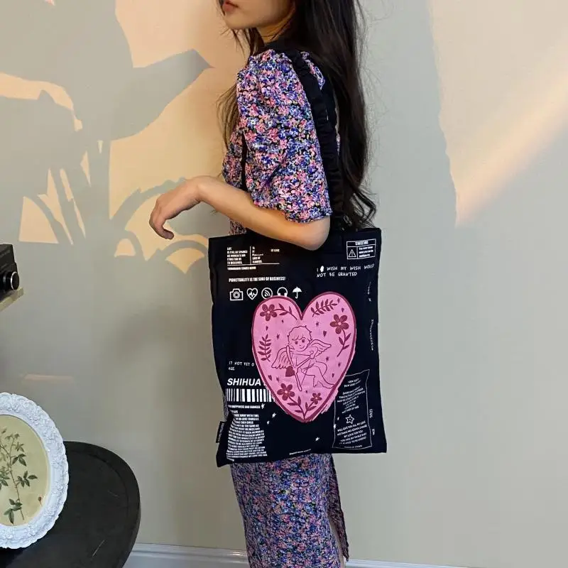 Women Shoulder Bag with Graffiti Japanese Style Student All Match Canvas Tote Shopping Bag Foldable Handbag