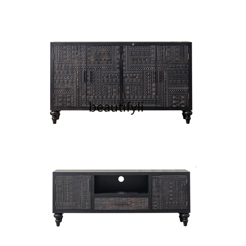 

American Retro Wood Carved Entrance Cabinet Living Room Wall Sideboard Cabinet Homestay Hotel Storage Curio Cabinet