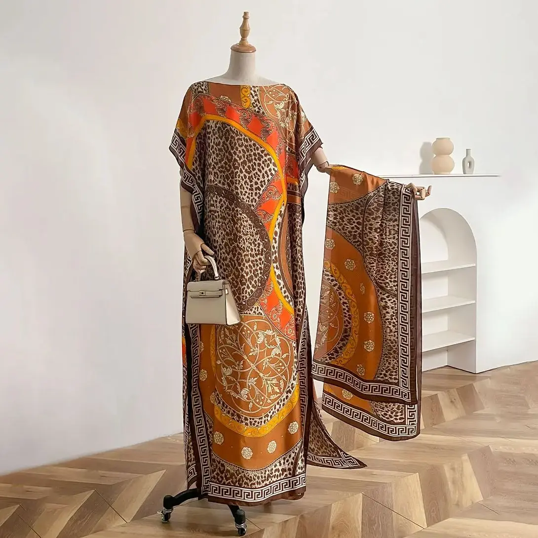 Summer New Fashion African Dresses For Women Elegant Printed Silk Muslim Lady Long Hijab Kaftan Dress Oversize Kuwait Abaya