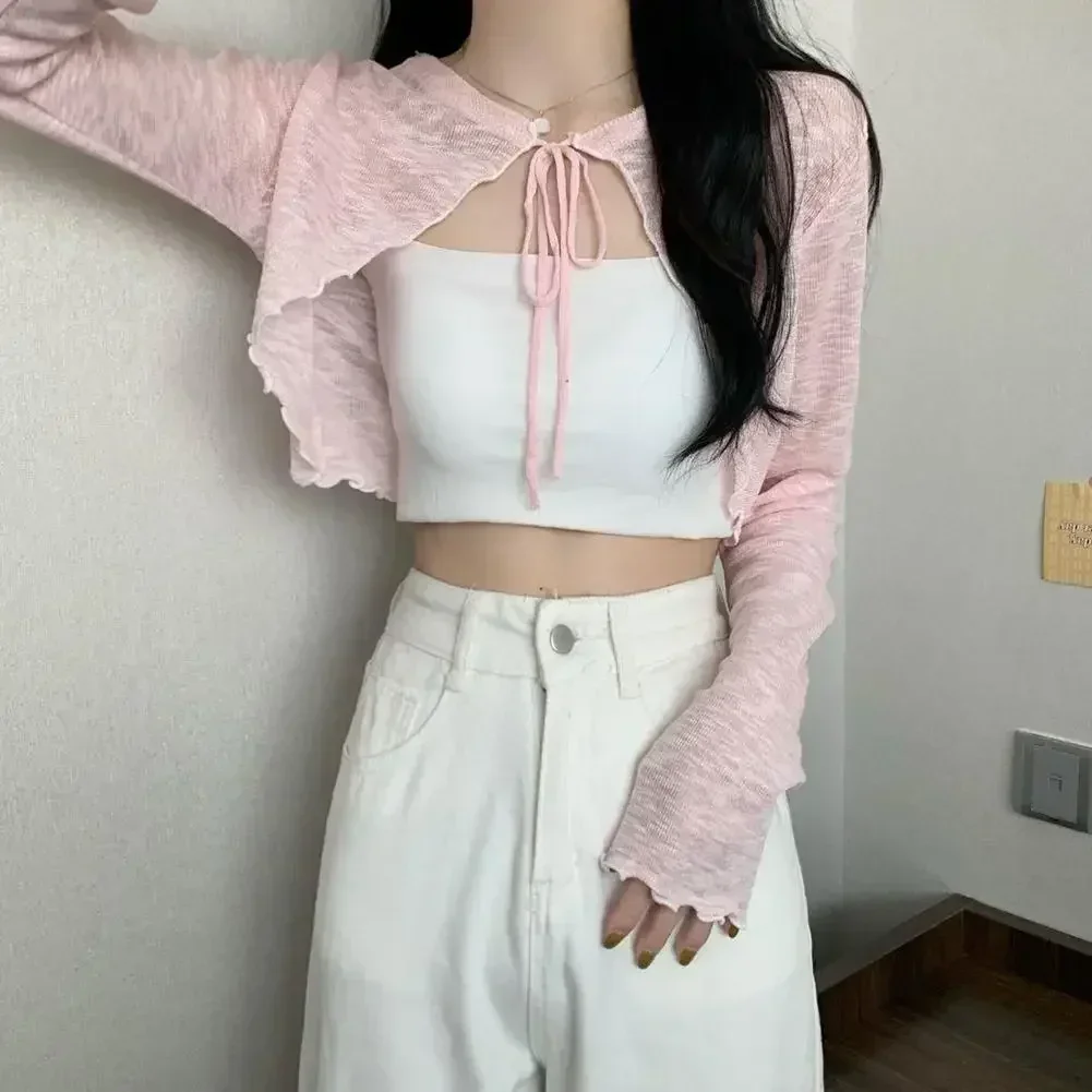 여성용 크롭 가디건, 슬림 레이스, 긴팔, 얇은 시스루 스웨터, 재킷 커버 상의, 4 가지 색상, 신상 기본, 여름