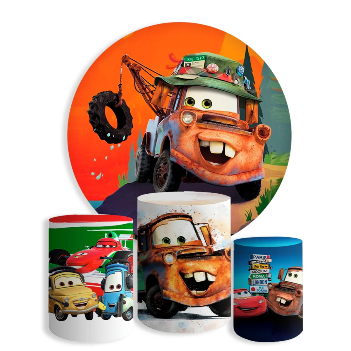 

Cartoon Mcqueen Cars Round Backdrop Cover for Boy Birthday Party Decoration Wheel Cylinder Covers Background