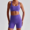 Solid Color High Waist Gym Yoga Short Legging Set Tight Women Cross Back High Impact Shoulder Strap Fitness Bra Top Sportwear
