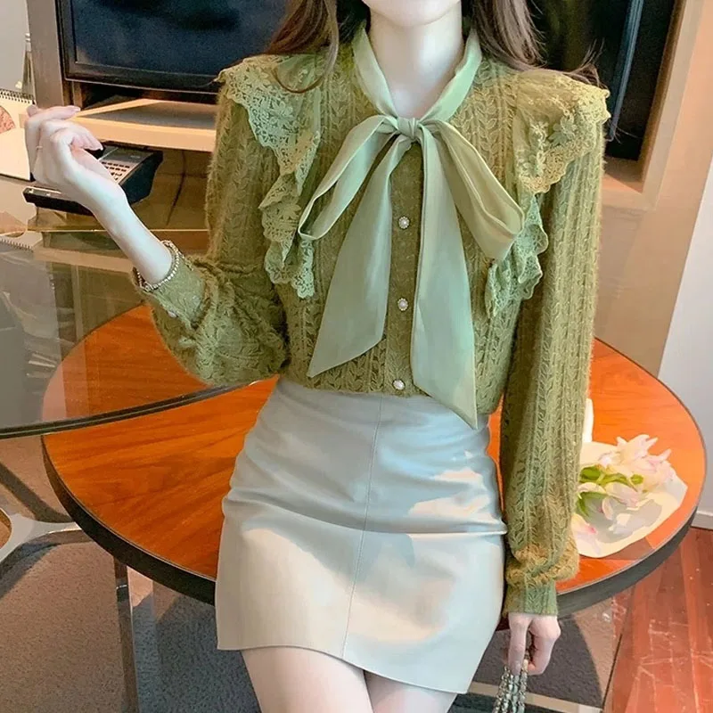 Autumn Winter New Female Scarf Collar Lace Shirt Solid Color Women's Clothing Fashion Casual Long Sleeve Ruffles Spliced Blouse